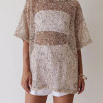 Round Neck Half Sleeves Crochet Hollow Out Sequin Top
