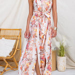 Strapless Bow Waist Floral Print Slit Wide Leg Jumpsuit