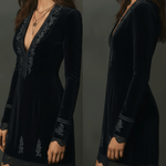 Retro Black Velvet Embroidered Lace Trim Mini Dress