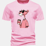Regular Fit Pink Panther Drinking Coffee Print Cotton T-Shirt