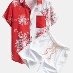 Two Tone Rose Print Button Up Shirt & Swim Shorts