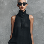 Women's Simple Style Black Chiffon Crinkle Sleeveless Stand-collar Long Dress