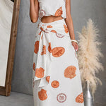 Sleeveless Crop Top Tie Knot Waist Maxi Skirt Shell Print Set
