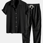 Geometric Jacquard Textured Cuban Shirt & Straight Leg Linen Pants