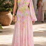 One Shoulder Puff Long Sleeve Cut Out Waist Printed Maxi Dress