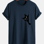 Regular Fit Black Cat Print Cotton T-Shirt