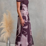 Asymmetrical Shoulder Draped Front Printed Maxi Dress