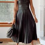 Strapless Pleated Faux Leather Midi Dress