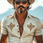 Men's Spring And Summer New Fashion Retro Western Cowboy Style Suede Embroidery Slim Lapel Short-Sleeved Shirt