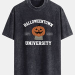 Halloween Pumpkin Town Print Washed Distressed Drop Shoulder T-Shirt