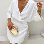 Wrap V Neck Side Drawstring Satin Mini Dress