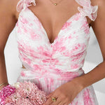 V Neck Sleeveless Cut Out Waist Floral Print Ruffle Maxi Dress