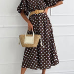 Collared Short Sleeves Button Up Polka Dot Midi Dress