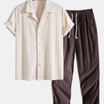 Knitted Geometric Rhombus Jacquard Cuban Shirt & Straight Leg Linen Pants