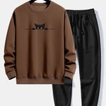 Black Cat Print Relax Fit Sweatshirt & Jogging Pants