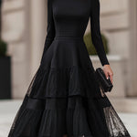 Long Sleeve Tiered Lace Hem Midi Dress