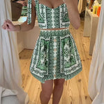 V Neck Bow Shoulder Crop Top High Rise Mini Skirt Printed Set