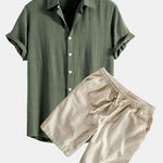 Linen Rayon Blend Button Up Shirt & Linen Cotton Blend Drawstring Shorts