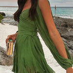 V Neck Back Lace-up Slit Sleeves Mini Dress
