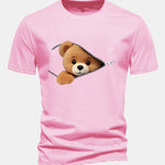 Regular Fit Zipper Bear Print Cotton T-Shirt