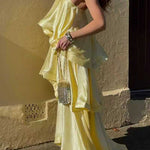 Margovil Adjustable Strap Ruffle Layered Satin Maxi Dress