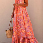 Margovil Halter Backless Printed Maxi Ruffle Swing Dress