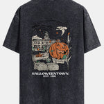 Halloween Pumpkin Town Print Washed Distressed Drop Shoulder T-Shirt