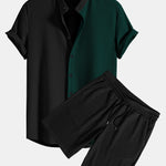 Two Tone Muscle Fit Ribbed Stand Collar Shirt & Shorts