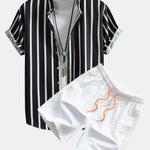 Striped Button Up Stand Collar Shirt & Man Mid Length Drawstring Swim Shorts