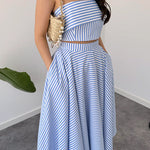 Striped Strapless Tube Crop Top High Rise Pocketed Midi Skirt Set