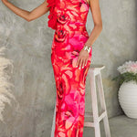 Margovil Ruffle One Shoulder Floral Print Bodycon Maxi Dress