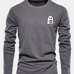 Long Sleeve Ghost Drinking Coffee Print Cotton T-Shirt