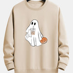 Halloween Ghost Drinking Coffee Pumpkin Print Relax Fit Sweatshirt