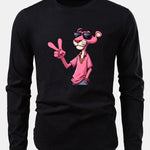 Pink Panther With V Sign Print Cotton Arc Hem T-Shirt