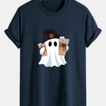 Regular Fit Halloween Ghost Coffee Print Cotton T-Shirt