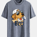 Beer Dog Print Washed Distressed Drop Shoulder T-Shirt