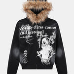 Boxy Faux Fur Collar Comic Character Print Zipper Hoodie