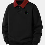 Relax Fit Christmas Colorful Light Black Cat Print Contrast Polo Sweatshirt