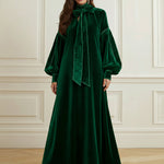 A-Line Long Sleeves Bow-Embellished Pleated Solid Color Split-Joint High Neck Maxi Dresses