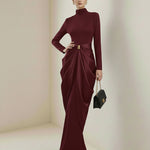 Long Sleeves Buckle Draped High-Neck Evening Dresses Maxi Dresses