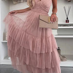 Romantic Movie Tulle Ruched Tiered Hem Slip Maxi Dress
