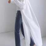 Long Sleeves Loose Buttoned Solid Color Split-Side Lapel Collar Outerwear Shirts Tops