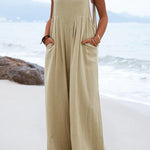 Ethnic Button Suspender Wide Leg Line Jumpsuit