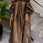Loose Puff Sleeves Falbala Pleated Solid Color Off-The-Shoulder Maxi Dresses