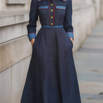 A-Line High Waisted Buttoned Pockets Solid Color Split-Joint Lapel Midi Dresses