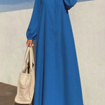 Long Sleeves Loose Pleated Solid Color Zipper Round-Neck Maxi Dresses