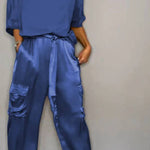 Satin Gloss Drawstring Waist-Defining Wide-Leg Workwear Set
