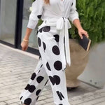 Fashion Lapel Long-sleeved Tie Waist Shirt and Casual Polka Dot Print Wide-leg Pants Set