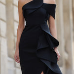 Black One-Shoulder Ruffled Evening Gown With Asymmetric Slit