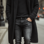 Men's Autumn And Winter Fashion Solid Color Cotton Yarn Knitted Long Hooded Cardigan